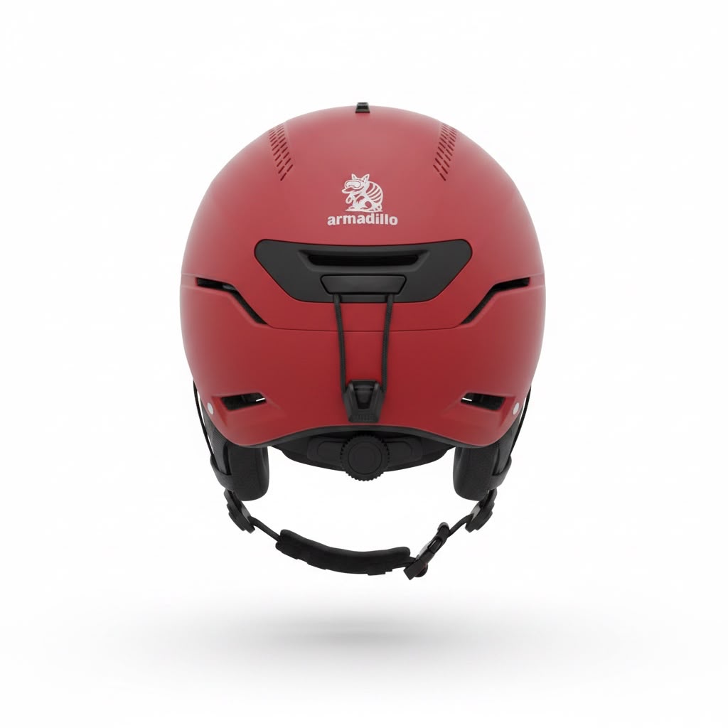 A matte red ski helmet with black chin strap and vents, featuring the 'armadillo' brand logo on the front, shown against a plain white background.